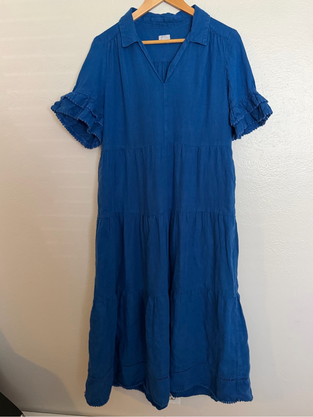 Chico's 100% linen Cobalt Blue Tiered Maxi Dress with Ruffle Sleeves